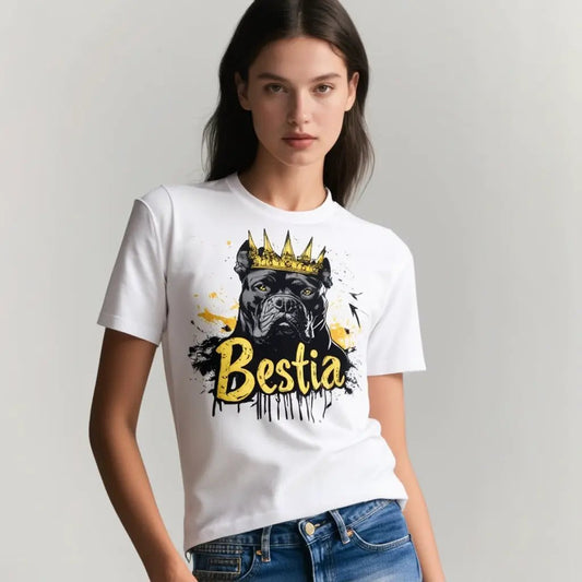 Cane Corso T Shirt white with gold crown dog graphic and Bestia logo by Bestia Dog Gear on Tampa Home & Garden Store