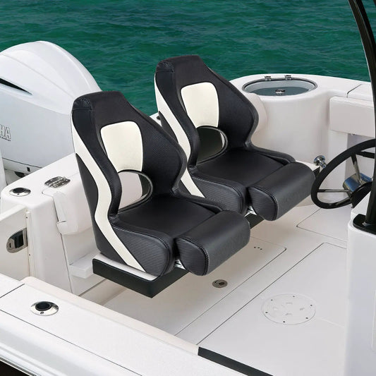 Captain bucket seats in black waterproof PVC leather with white accents on boat deck 2-seat on Tampa Home & Garden Store