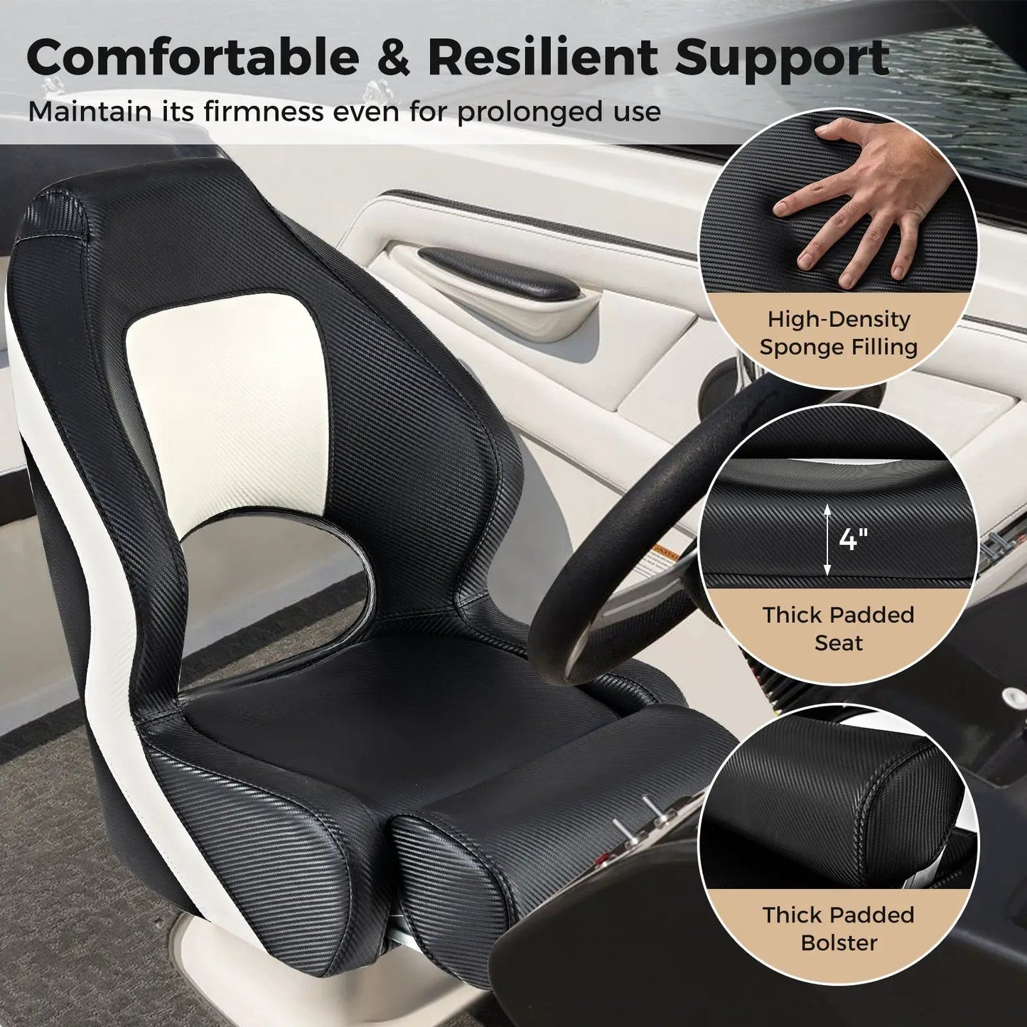 Captain Bucket Seat with waterproof PVC leather, black with white trim, padded bolster on Tampa Home & Garden Store