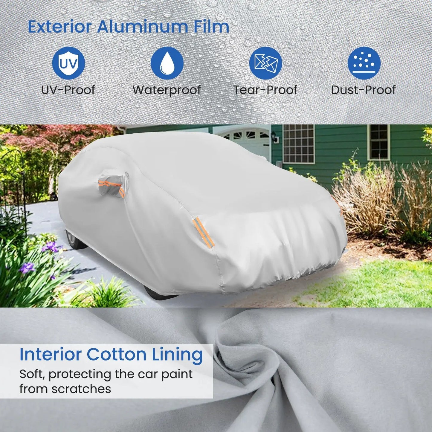 Car cover for sedan, 185-inch UV rain protection, white with orange straps DirectDeals on Tampa Home & Garden Store