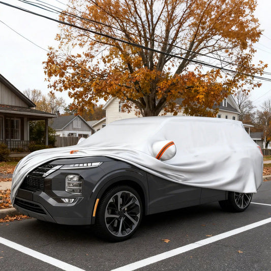 Car Cover for SUVs up to 200 Inches UV Protection light-gray cover over a dark SUV on Tampa Home & Garden Store