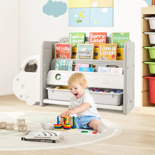Car themed toy storage and bookshelf in gray plastic with open shelves and colorful books on Tampa Home & Garden Store