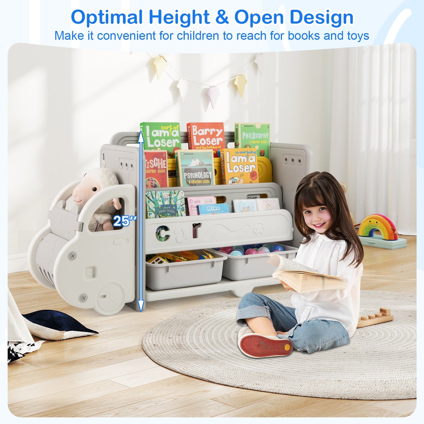 Car themed toy storage and bookshelf in light gray with open shelves DirectDeals on Tampa Home & Garden Store