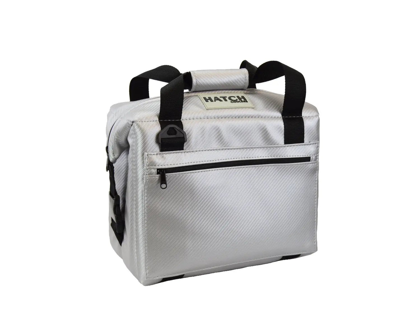 Hatch Carbon Series 12 Pack cooler in silver vinyl-coated fabric with black carry handles on Tampa Home & Garden Store