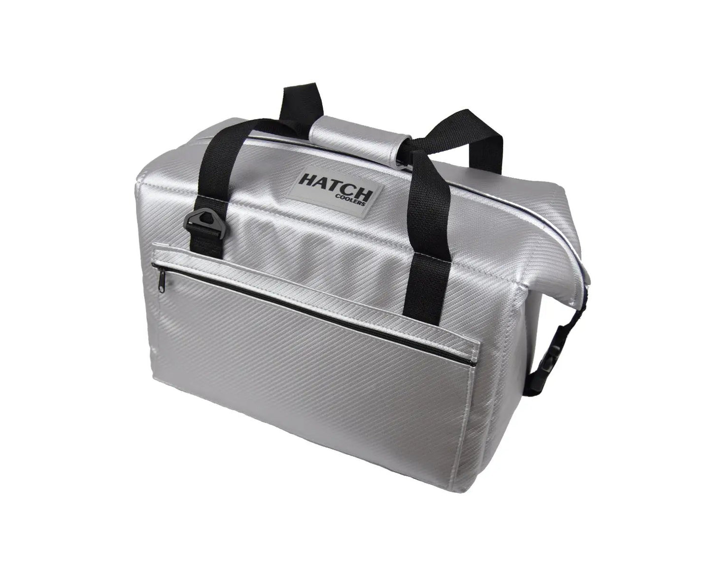 Hatch Carbon Series 24 Pack Cooler; silver insulated cooler with black straps on Tampa Home & Garden Store