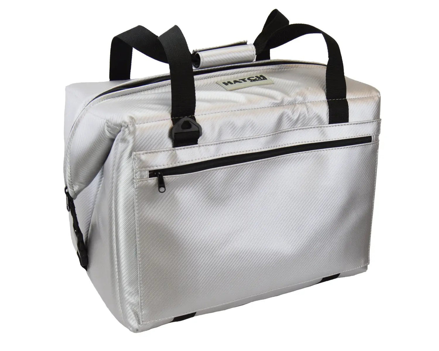 Hatch Carbon Series 48 Pack Cooler bag in silver with black handles and front zip pocket on Tampa Home & Garden Store