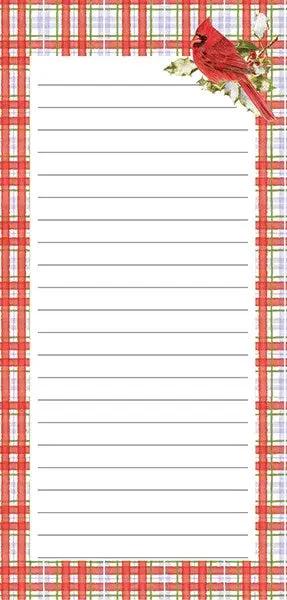 Cardinal Birdhouse Mini List Pad with Magnet, red plaid border and cardinal perched on a branch on Tampa Home & Garden Store