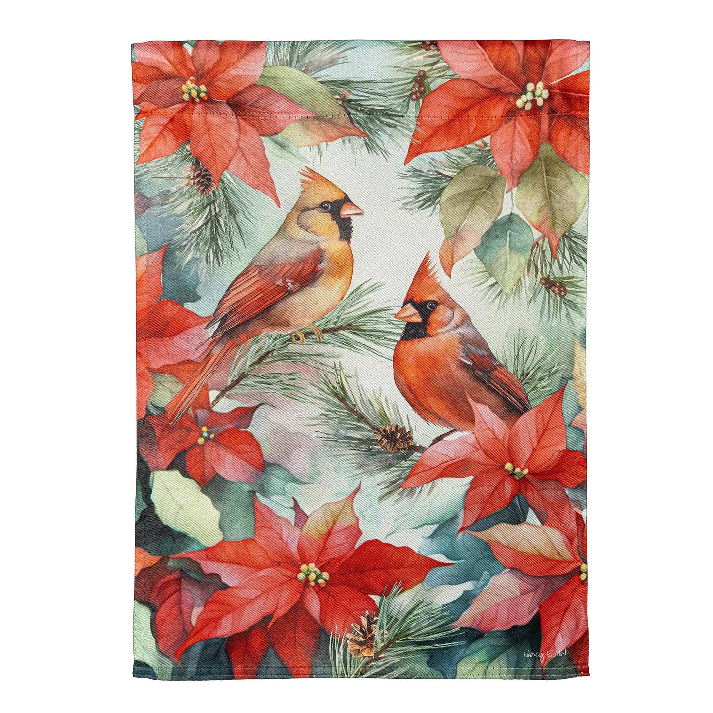 Cardinals In Winter Suede Garden Flag with red poinsettias and pine needles on Tampa Home & Garden Store