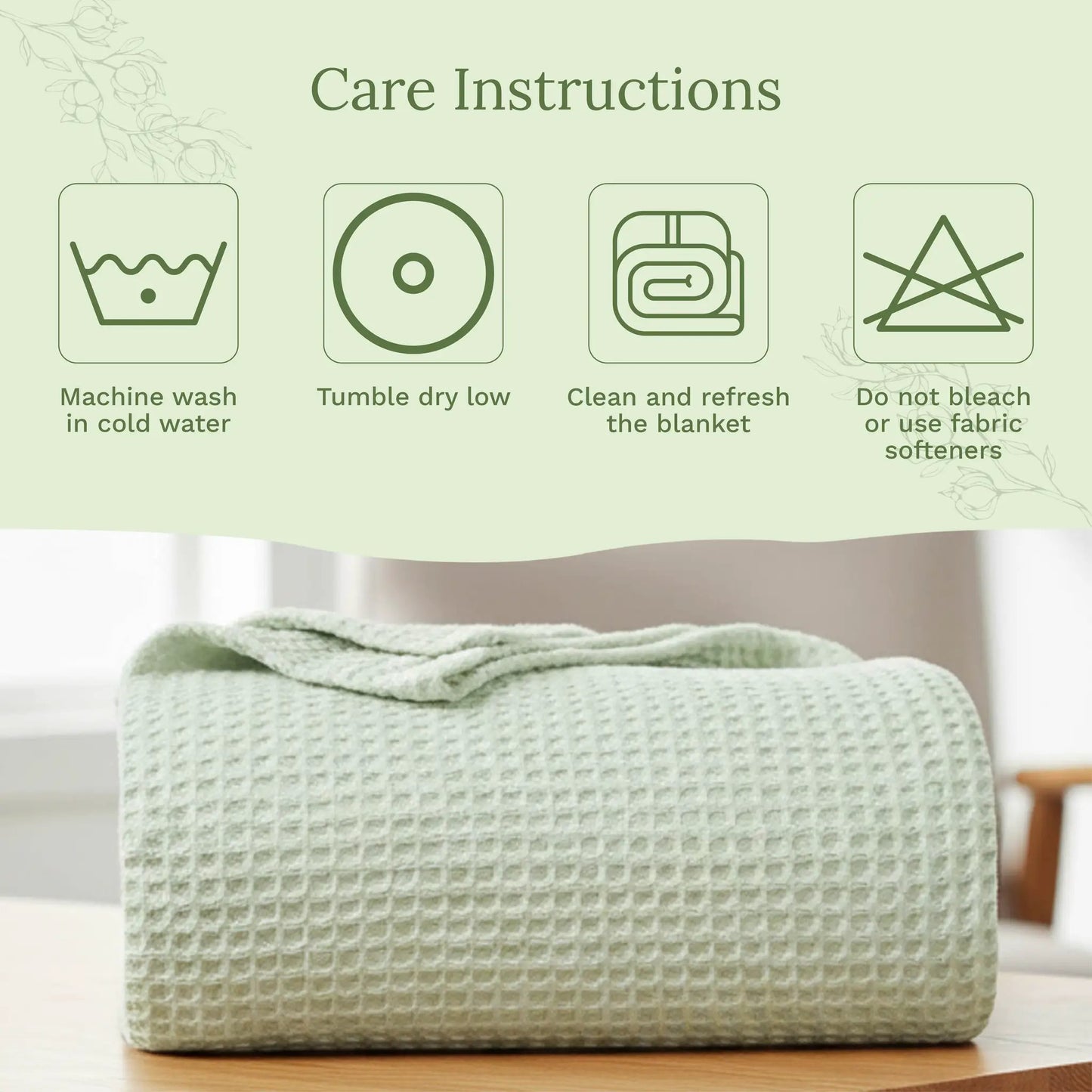 Organic Cotton Mart waffle weave blanket, sage green, folded on table on Tampa Home & Garden Store