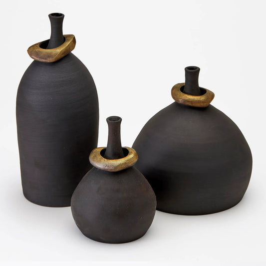 Mona Vessels set of three black matte vases with gold neck rings by dumæ on Tampa Home & Garden Store