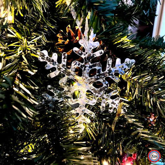 Handmade glass snowflake ornament Carolina Blues pattern by studioTica on Tampa Home & Garden Store