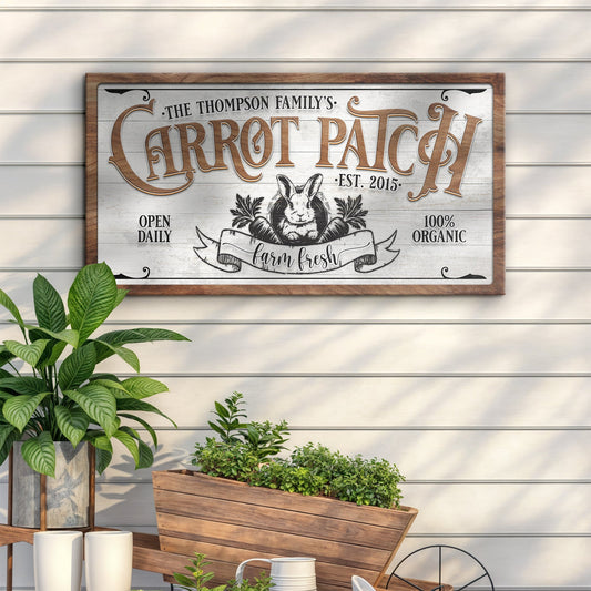 Carrot Patch Easter Sign II canvas by Tailored Canvases with rustic wood frame and bunny motif on Tampa Home & Garden Store