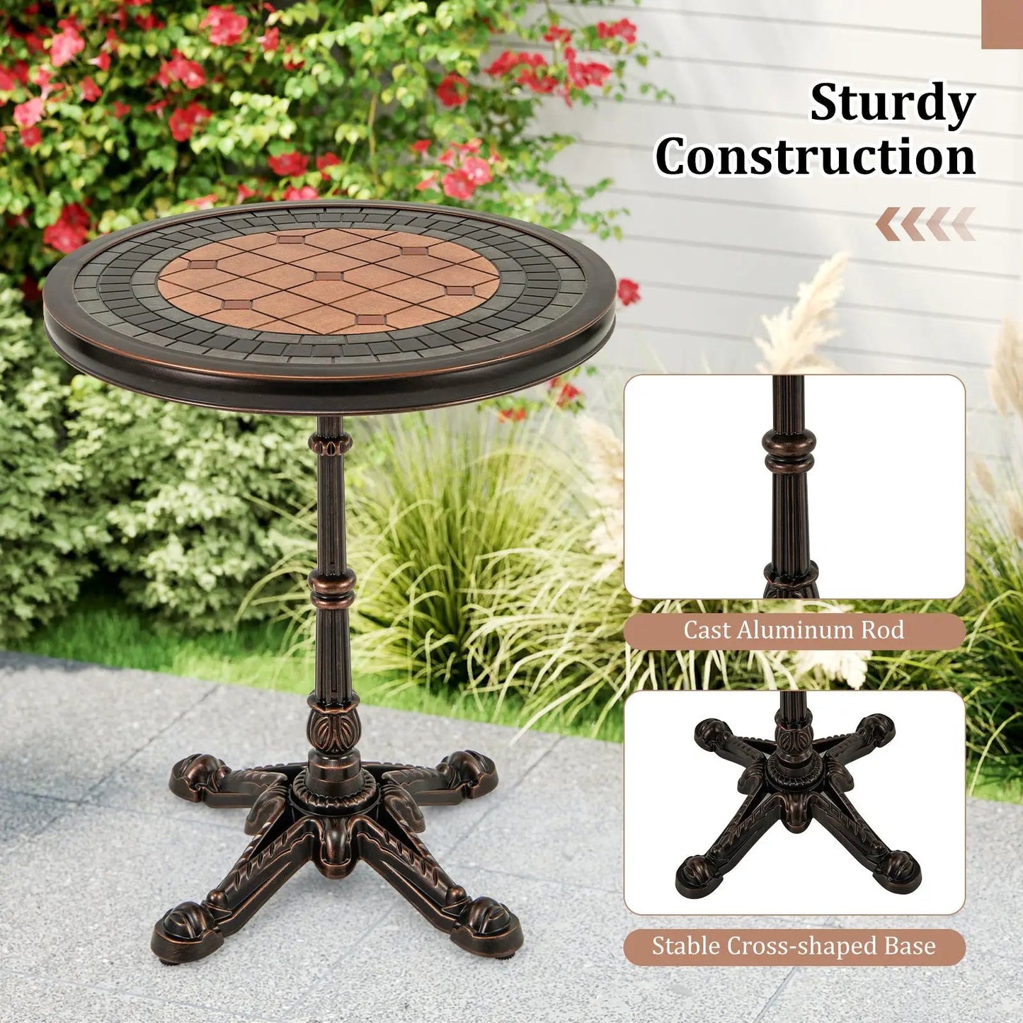 24-Inch round patio dining table, bronze cast aluminum, weather-resistant with cross-shaped base on Tampa Home & Garden Store