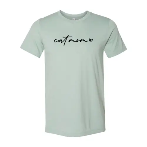Cat mom T-shirt in light mint green with cat mom script and heart, Furr Baby Gifts on Tampa Home & Garden Store