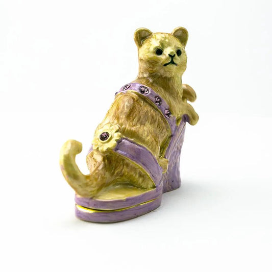 Cat on an Evening Shoe Trinket Box figurine with purple shoe and crystal accents on Tampa Home & Garden Store