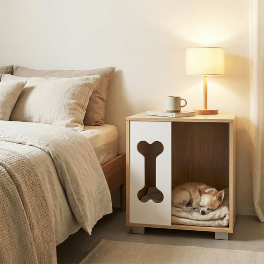 Cat Bed Side Table Wooden Cat Condo with Bone-shape Window and Thick Metal Legs-Natural - Tampa Home & Garden Store