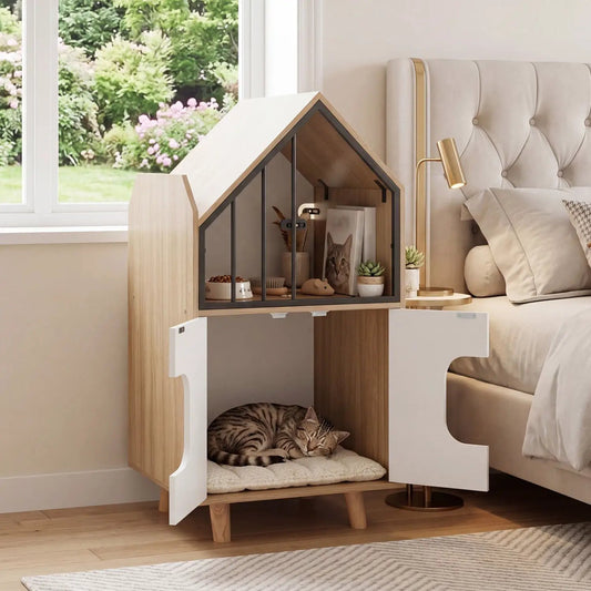 Cat litter box enclosure with shelf and double doors in natural wood DirectDeals cat furniture on Tampa Home & Garden Store