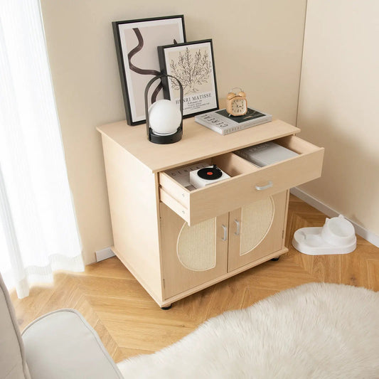 Cat litter box enclosure in natural wood finish with sisal door panels and storage on Tampa Home & Garden Store