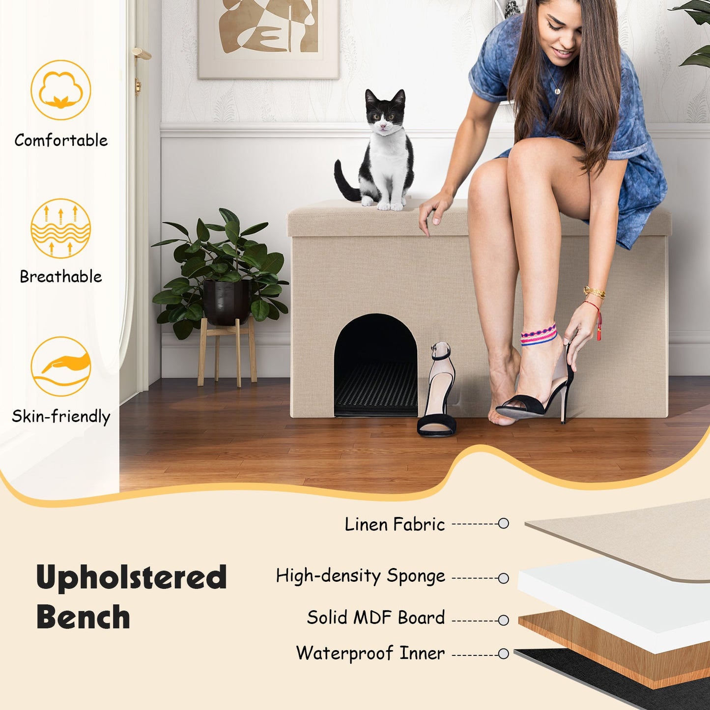 Cat Litter Box Enclosure DirectDeals urine-proof litter mat beige upholstered bench cat on top on Tampa Home & Garden Store