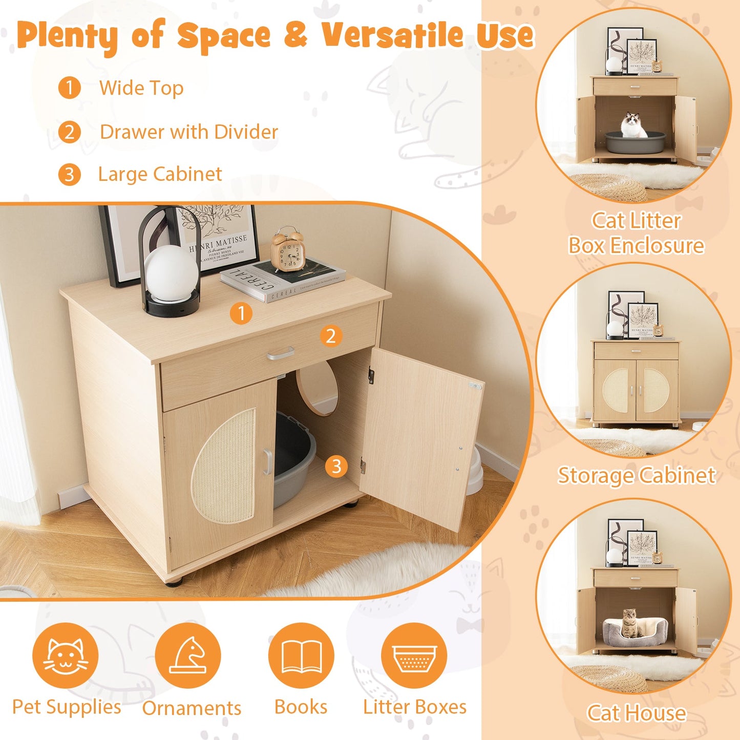 Cat Litter Box Enclosure with Sisal Doors, natural wood cabinet with storage DirectDeals on Tampa Home & Garden Store
