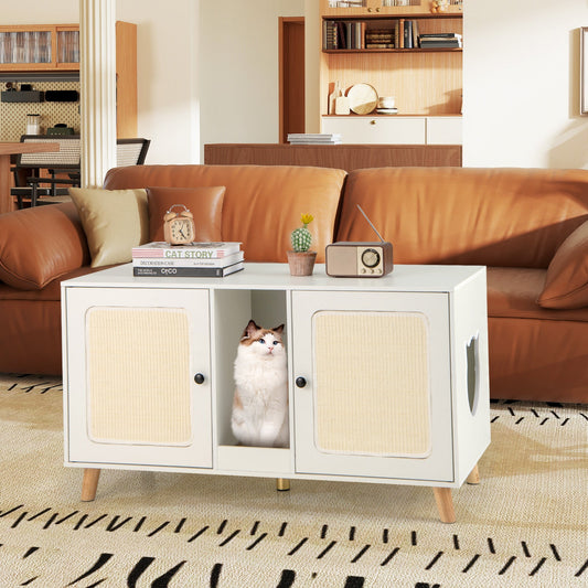 43 Inches Cat Litter Box Enclosure with Double Rooms and 2 Sisal Scratching Mats - Tampa Home & Garden Store