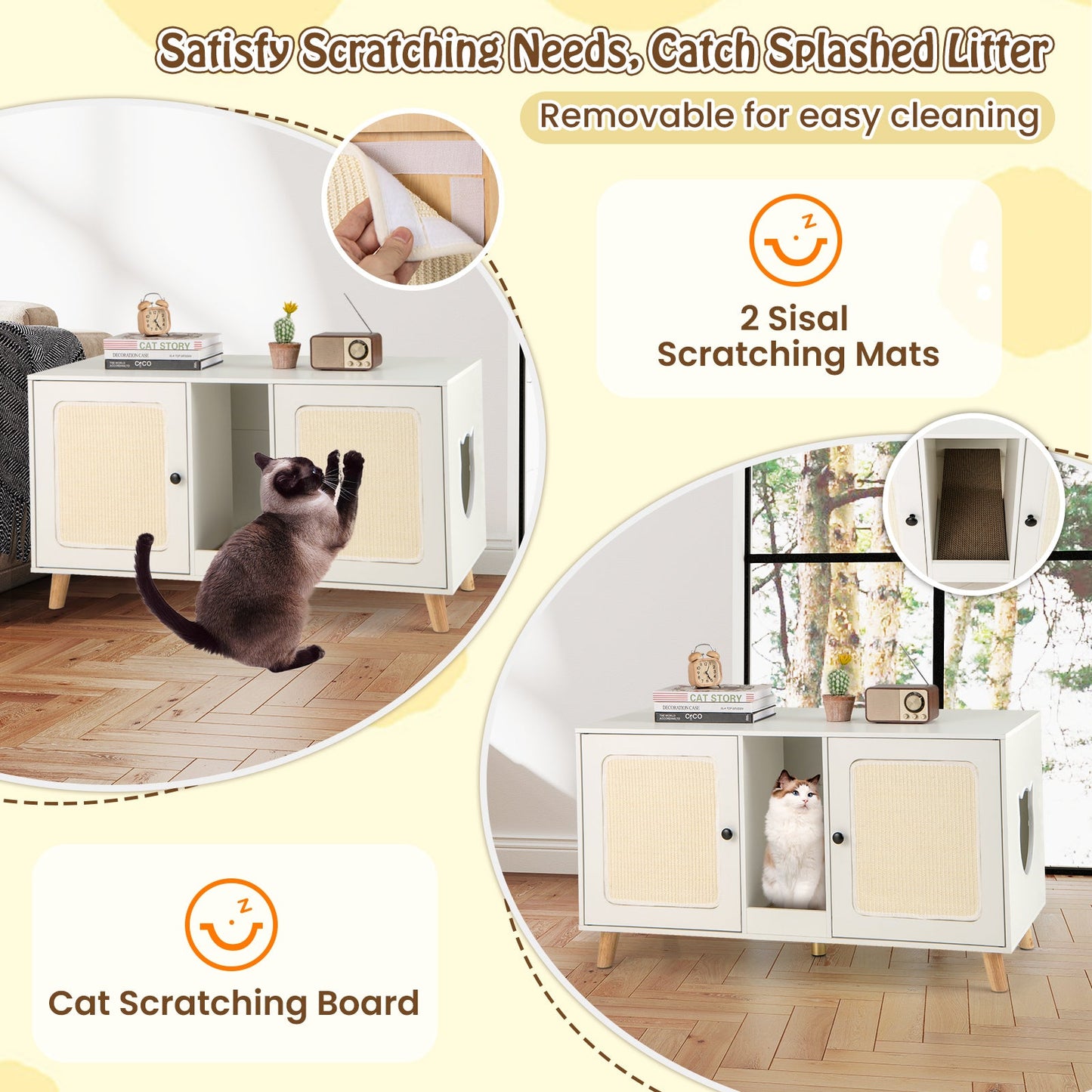43 Inch Cat Litter Box Cabinet with Double Rooms, white wood, beige sisal mats DirectDeals on Tampa Home & Garden Store
