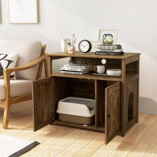 Cat Litter Box Enclosure DirectDeals with Double Barn Doors in dark wood finish, lower shelf on Tampa Home & Garden Store
