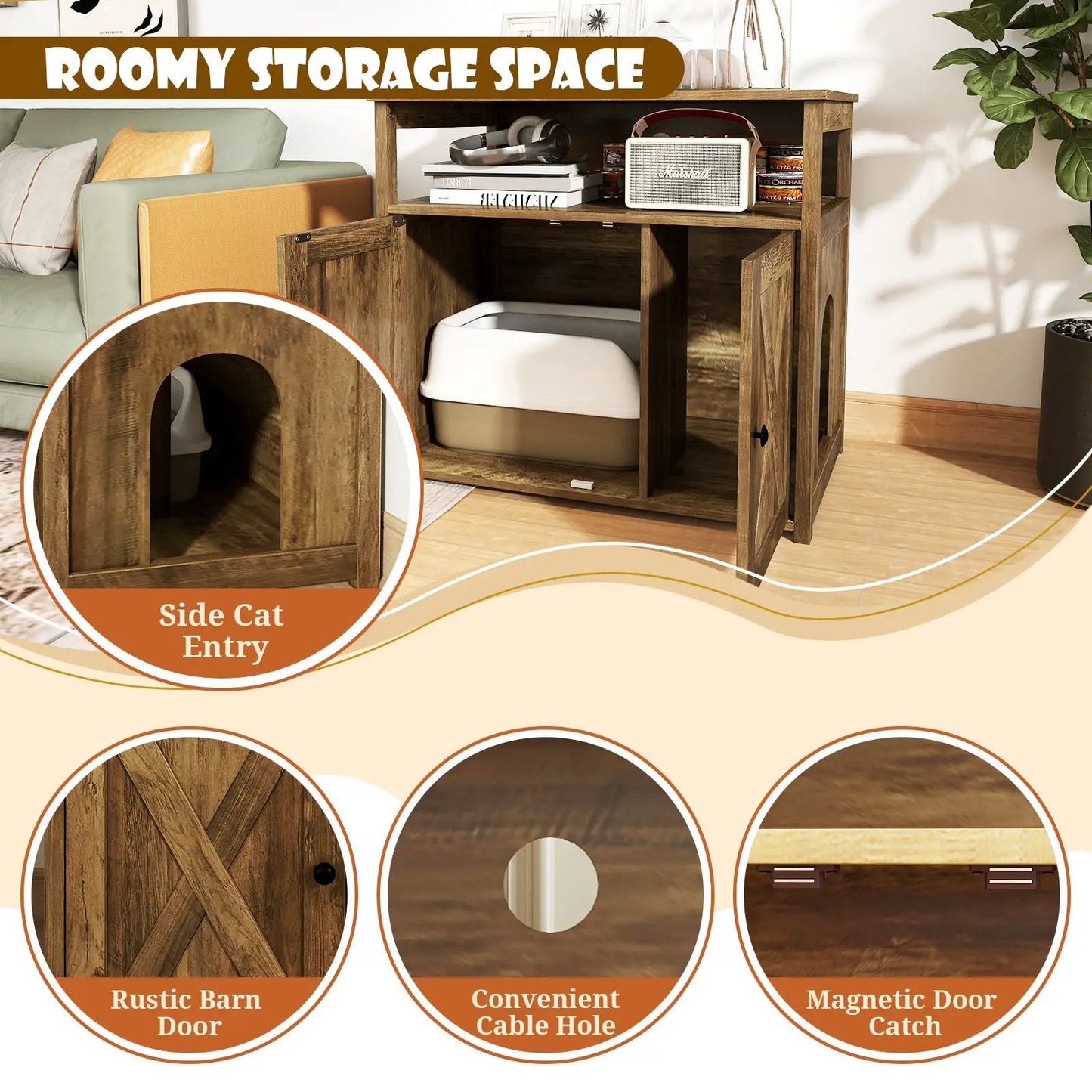 Cat litter box enclosure with rustic wood double barn doors, side entry, storage on Tampa Home & Garden Store