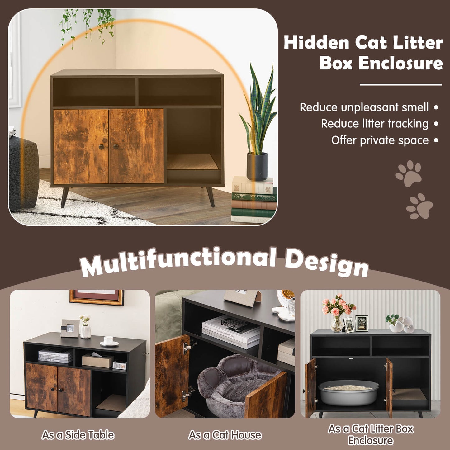 Cat Litter Box Enclosure with Storage in dark brown wood grain cabinet with doors and open shelf on Tampa Home & Garden Store