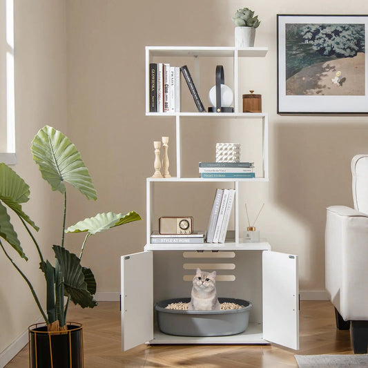 56 inch white cat litter box enclosure with storage and bottom litter tray, cat inside on Tampa Home & Garden Store