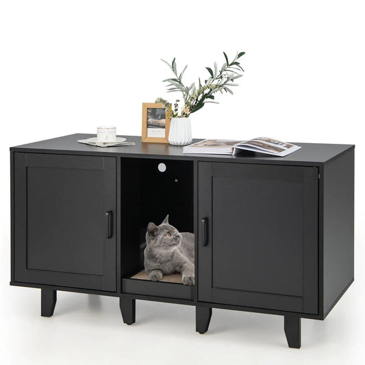 Two Door Cat Litter Box Enclosure Scratching Board in black wood cabinet with cat inside on Tampa Home & Garden Store