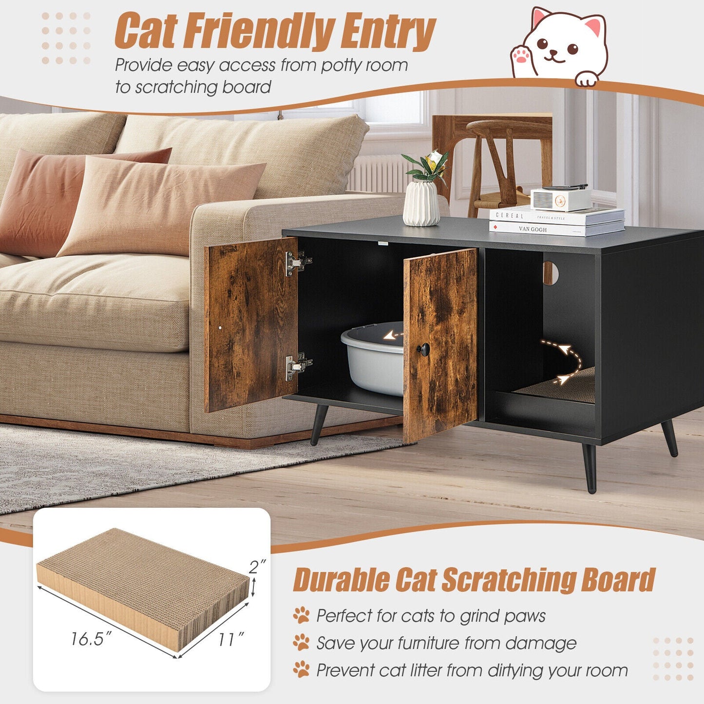 Cat Litter Box Enclosure with Double Door Cabinet black wood doors, showcases litter box inside on Tampa Home & Garden Store