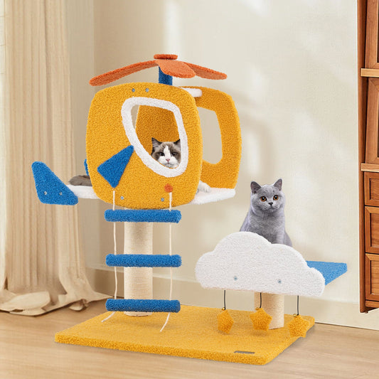 Indoor Small Aviation-themed Cat Tree Cat Tower with Helicopter Top Perch-Yellow - Tampa Home & Garden Store