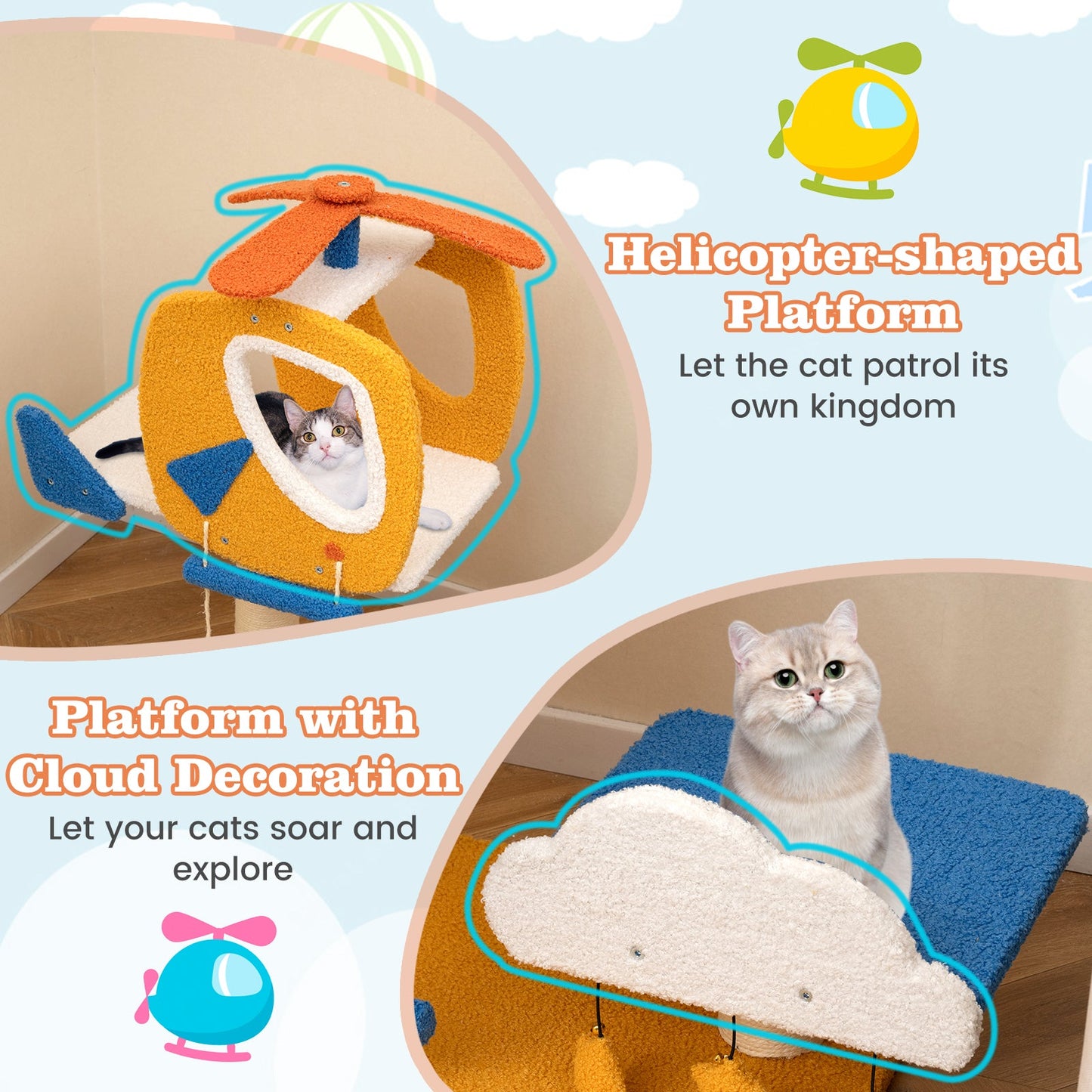Aviation Cat Tree with Helicopter Top Perch, yellow plush with blue accents, DirectDeals on Tampa Home & Garden Store