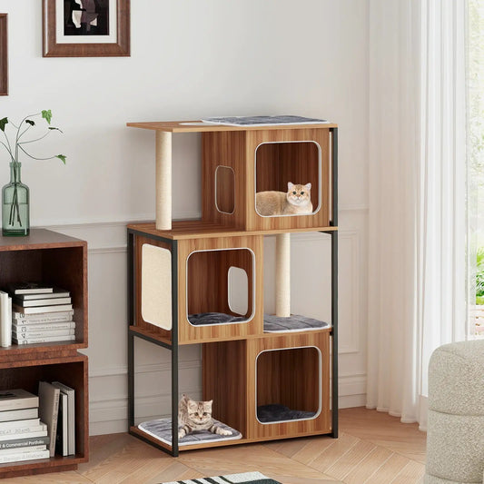 Modern Cat Tree House with natural wood finish, metal frame and cubbies for cats on Tampa Home & Garden Store