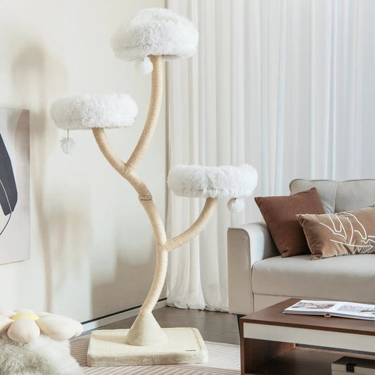 70 Inch Tall Cat Tree with 4 Layers and 3 Perches plush white platforms on beige sisal rope posts on Tampa Home & Garden Store
