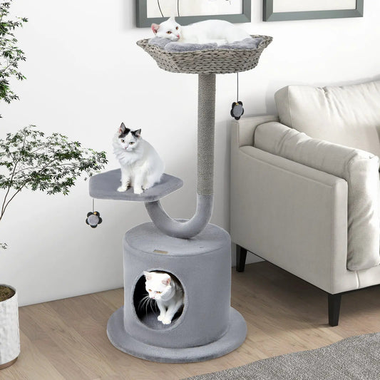 DirectDeals 42 Inch Cat Tower with curved gray metal frame plush top bed and two cats on Tampa Home & Garden Store