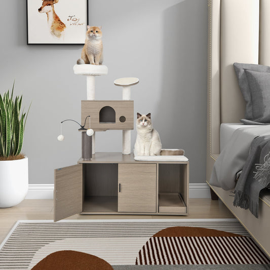 2-in-1 Modern Cat Tower with Litter Box Enclosure for Indoor Cars-Gray - Tampa Home & Garden Store