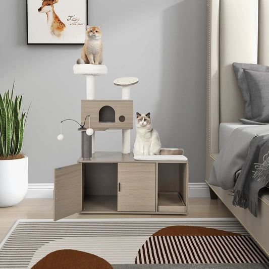2-in-1 Cat Tower With Litter Box Enclosure beige wood with platforms, 2 cats, 2-tier DirectDeals on Tampa Home & Garden Store
