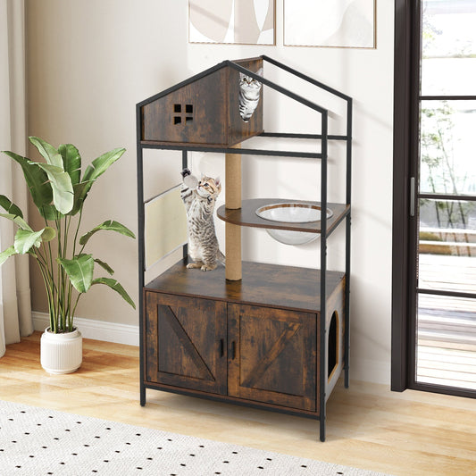Cat Tree with Litter Box Enclosure Industrial Cat Tower Multi-level Cat Condo Furniture for Indoor Cats-Rustic Brown - Tampa Home & Garden Store