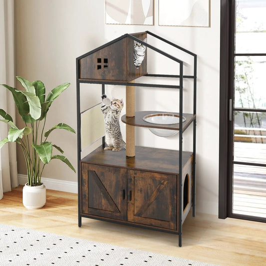 Cat Tree with Litter Box Enclosure and Hideaway in dark wood and black metal frame with top house on Tampa Home & Garden Store