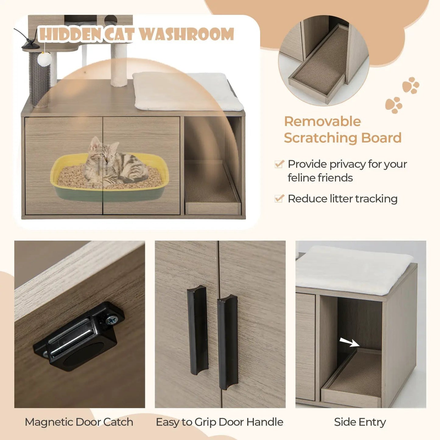 2-in-1 Modern Cat Tower Litter Box Enclosure gray wood finish, scratch board DirectDeals on Tampa Home & Garden Store