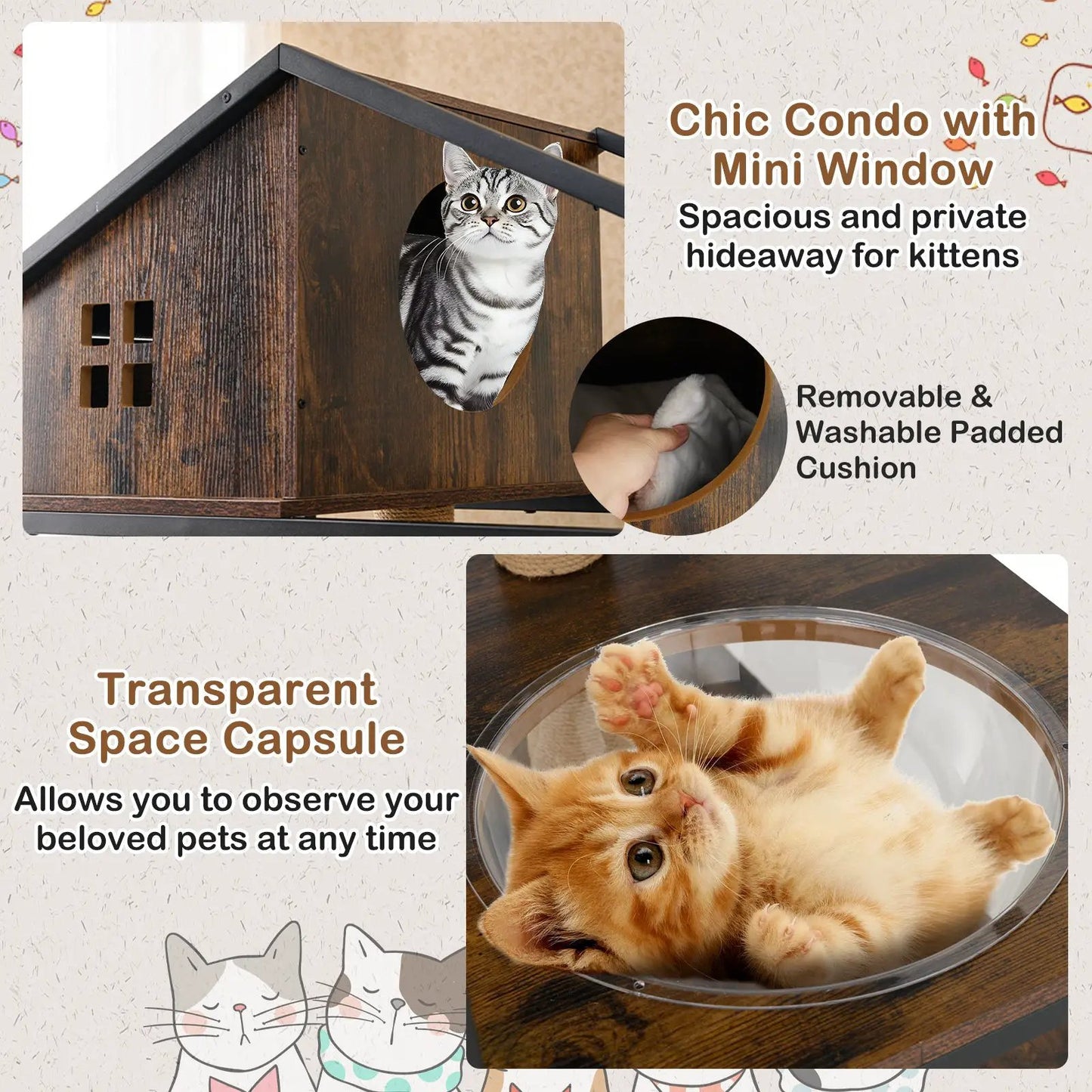 Cat Tree with Litter Box Enclosure in rustic wood finish with circular entry hole hideaway on Tampa Home & Garden Store