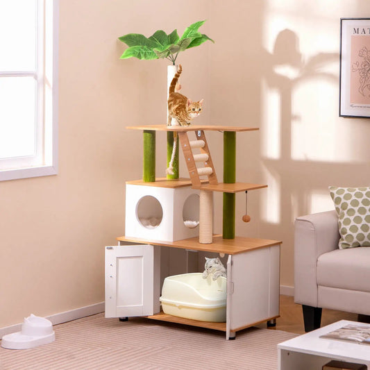 Hidden Cat Washroom and Cat Tower for Indoor Cats DirectDeals in light wood with green posts on Tampa Home & Garden Store