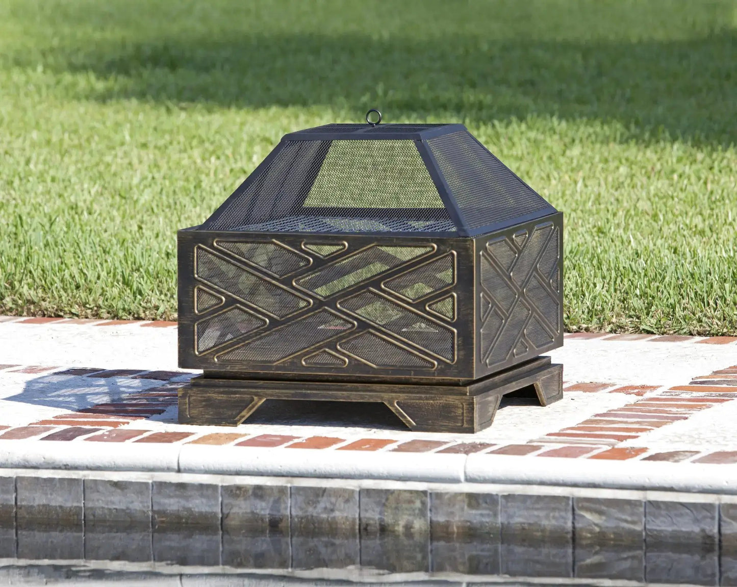 Catalano Square Fire Pit antique bronze with metal mesh sides and ring handle on Tampa Home & Garden Store