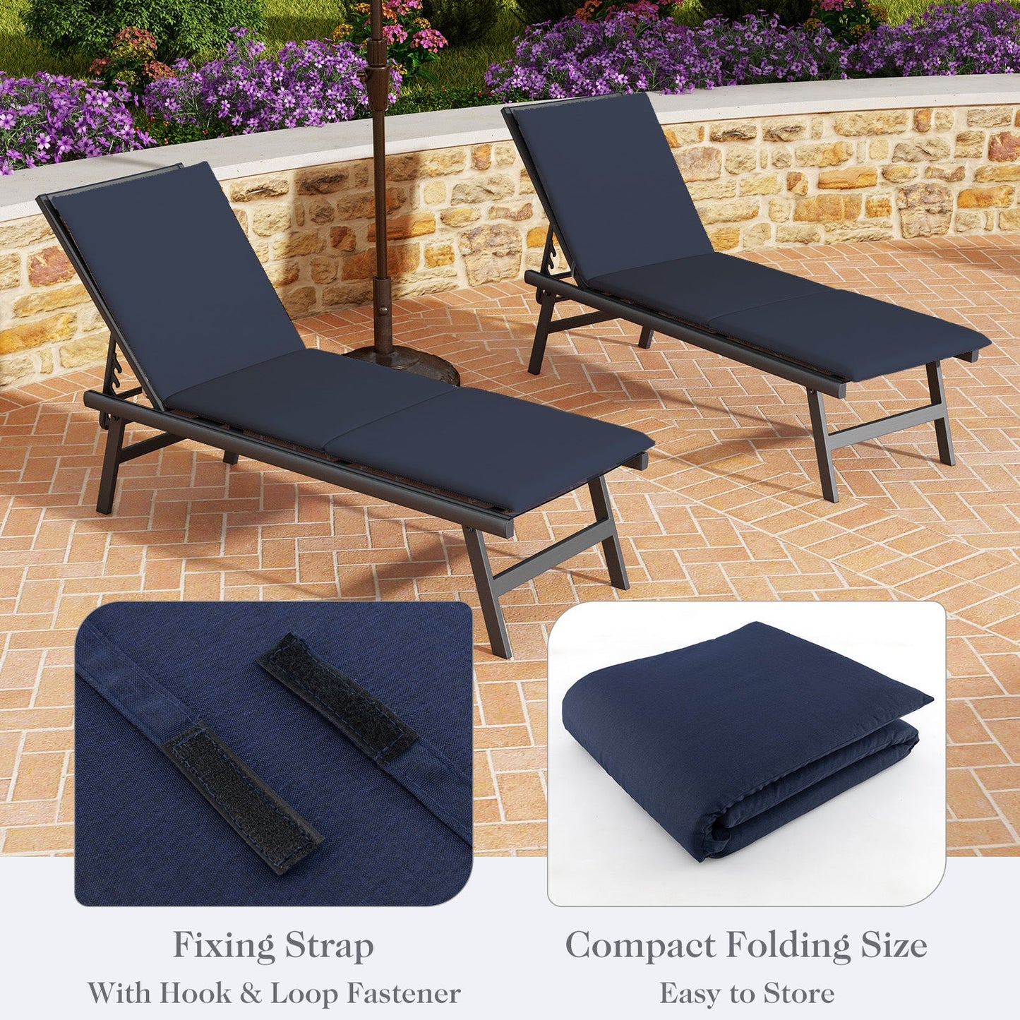Cojín para Tumbona de Exterior, Almohadilla Plegable para Muebles de Patio con Correas de Fijación - Azul Marino