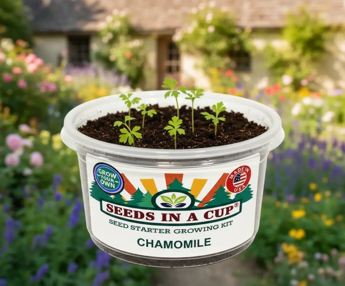 Chamomile seed germination kit in Seeds In A Cup container with 4 young seedlings on Tampa Home & Garden Store