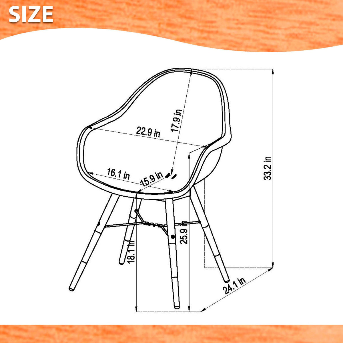 Rinjani Rectangular Table and 6 Chamonix Arm Chair schematic; chair dimension line drawing on Tampa Home & Garden Store