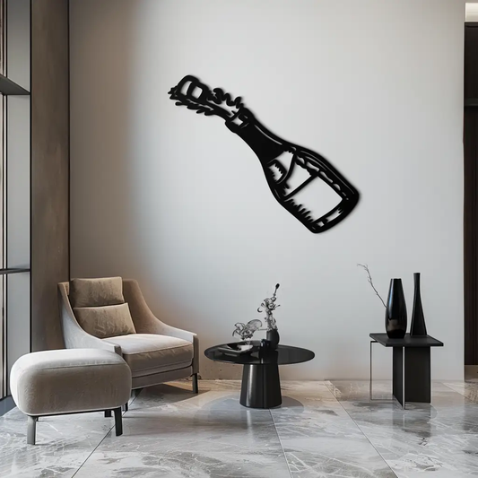Champagne bottle explosion wall art, black metal, modern bar decor for upscale spaces on Tampa Home & Garden Store