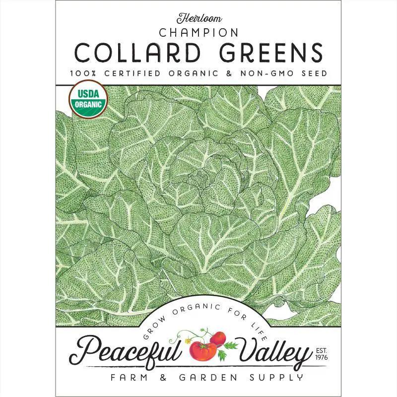 Champion Organic Collard Greens seeds packet with USDA Organic Peaceful Valley brand on Tampa Home & Garden Store